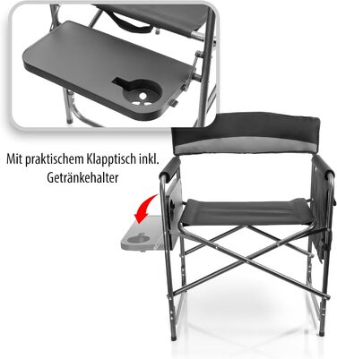 Крісло для кемпінгу BigDean 150кг з столиком – складане крісло з тримачем для напоїв + бічною кишенею – якісне рибальське крісло сірого/чорного кольору. Режисерське крісло, складане, сірий/чорний колір