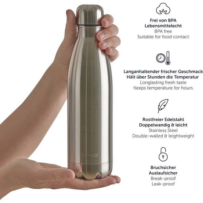 Фляга для води Blumtal 750 мл з нержавіючої сталі - ізотермічна, без BPA, з подвійними стінками, срібна