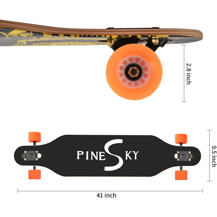 Скейтборд PINESKY Longboard 41 дюйм 8 шарів клена, комплект для круїзингу, карвінгу, фрістайлу та спуску з інструментом T-Tool