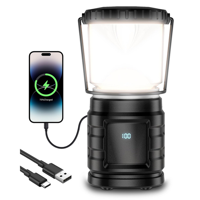 Ліхтар кемпінговий LED акумуляторний USB-C 8000mAh з індикатором заряду, 4 режими, IP65 водонепроникний для кемпінгу, туризму, риболовлі, SOS