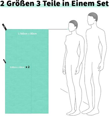 Набір з 3 рушників з мікрофібри (160x80 см + 2 шт по 80x40 см), швидковисихаючі, для подорожей, спортзалу, сауни (м'ятно-зелені)