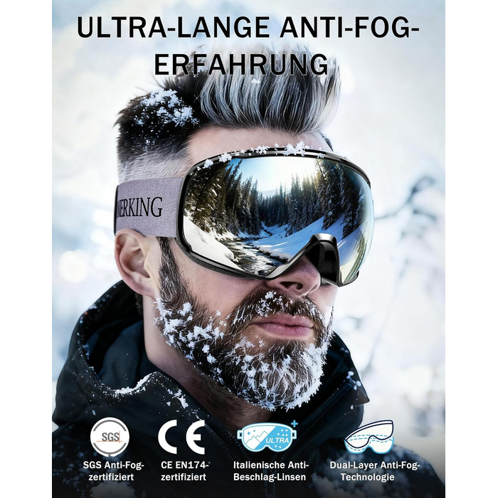 Окуляри для сноубордингу та гірських лиж Innerking OTG, Anti-Fog & UV400, з подвійним склом для носіння поверх корекційних окулярів, чоловічі/жіночі/підліткові, для сноубордингу та гірських лиж, чорний/срібний (VLT 11%) (A2 – чорний/димчастий сірий (VLT 8