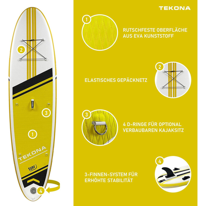 Надувний SUP борд Tekona Stand Up Paddle Board Set: комплект з рюкзаком, насосом, веслом та кріпленням для каяка. 300/320 см, 3 фінни. Різні моделі та кольори TOUR/SURF 9'8