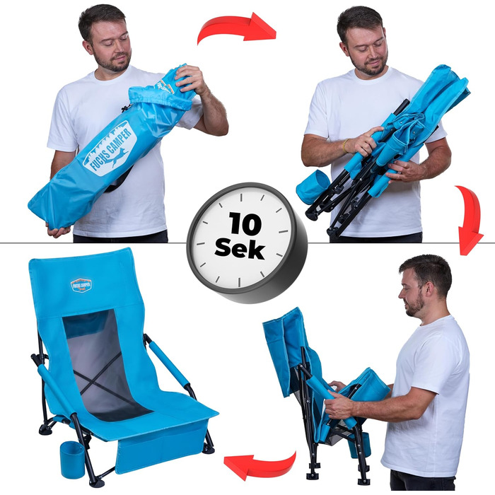 Крісло для кемпінгу Fuchs Camper Strandstuhl – складане, з високою спинкою та сітчастою тканиною. Зручне для відпочинку на пляжі та кемпінгу. Має тримач для напоїв та кишеню. Міцне (до 150 кг), чорне та синє (1 шт.)