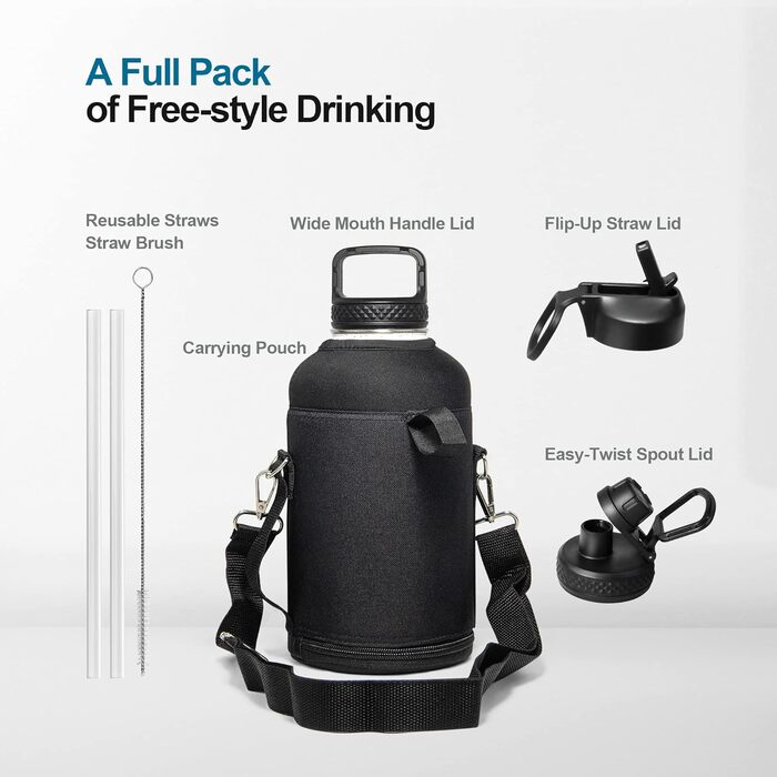 Термос-пляшка Coolflask 2 л з соломинкою та 3 кришками, велика ізольована сталева пляшка для води, спорт і подорожі, Starry Indigo Black