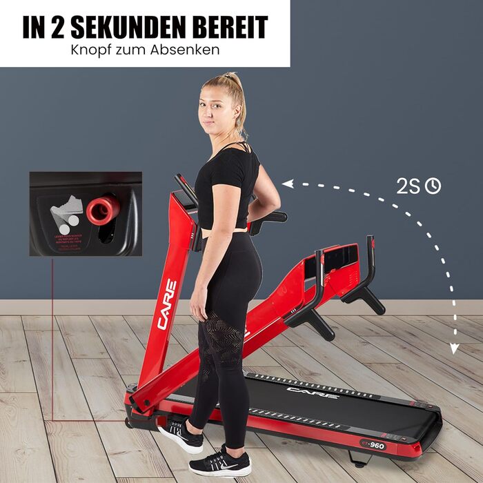 Бігова доріжка Care Fitness з мотором, складана, електрична, з моторизованим нахилом, LCD-дисплеєм і підтримкою додатка Kinomap для дому