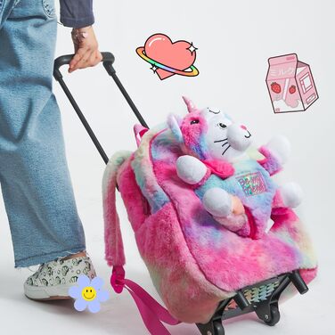 Дитячий рюкзак PERLETTI Kawaii Єдиноріг із роликами, плюшева знімна кішка, м'яка багатобарвна сумка для дівчаток 3-6 років, для садочка