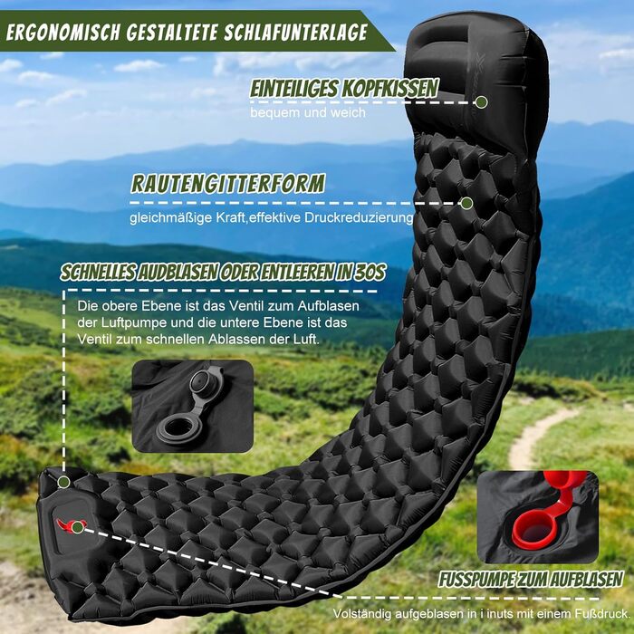 Каревіпарк Килимок для кемпінгу з подушкою, ультралегка повітряна матрац для кемпінгу, водонепроникний килимок для сну для кемпінгу, відпочинку на природі, подорожей, піших прогулянок, пляжу, чорного кольору.