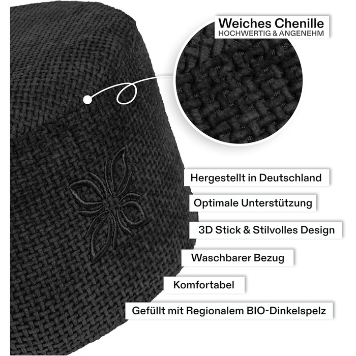 Крісло для медитації Cushy™ Meditationskissen – кругле, 10/15/20 см – з льоноподібної тканини та наповнювачем з пшениці – для медитації та релаксації. Зроблено в Німеччині (20 см, Mythos Black)