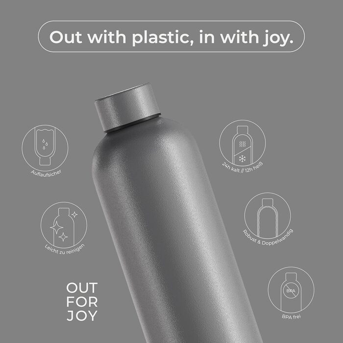 OUT FOR JOY термобутилка з нержавіючої сталі 750 мл, герметична, BPA-free, для газованої води, зберігає 12 годин гаряче і 24 години холодне, для спорту, школи та активного відпочинку, сталева сіра
