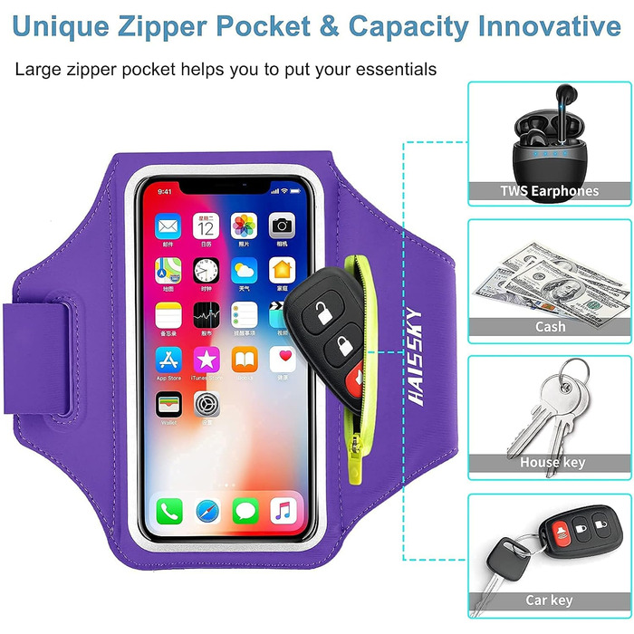 Спортивний браслет на руку для бігу з навушниками та кишенькою для ключів, фіксатором для телефону, з відділенням для карт - сумісний з iPhone 17/16/15/14/13/12/11 Pro Max/Plus, фіолетовий (до 6.9 дюймів)