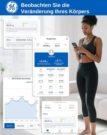 Вага для вимірювання жиру в тілі GE Smart з Bluetooth, аналіз складу тіла, BMI, великий дисплей, точність, до 180 кг, чорний