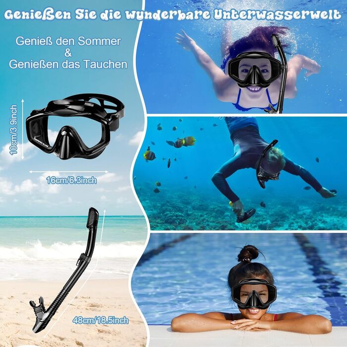 Набір для снорклінгу для дорослих: маска, трубка та ласти. Суха трубка, антизапітніюча маска з загартованого скла. Для плавання, снорклінгу та дайвінгу. Чорний колір