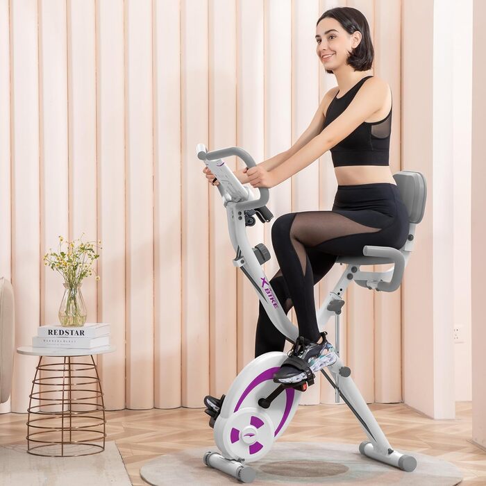 Велотренажер Leike Fitness складаний для дому, фітнес-велосипед з 12 рівнями опору, пульсометром, гумовими еспандерами, для кардіо (фіолетовий)