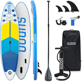 Надувний SUP Борд для вейкбордингу (2+1 особи/сім'ї), Surfboard для дорослих, вантажопідйомність до 150 кг, повний комплект з веслом, плавниками та рюкзаком (SUP20YG-Blue White)