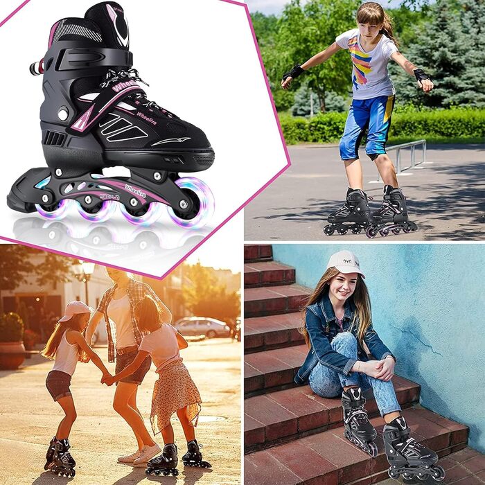 Інлайне ролики дитячі та підліткові регульовані з підсвічуванням коліс, ролики для хлопчиків та дівчаток, підходять для початківців та дорослих, чорно-рожевий, EU 39-42