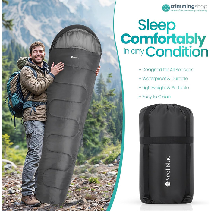 Спальний мішок Mumienschlafsack для дорослих - легкий, компактний, водонепроникний, з капюшоном, 220x85 см - теплий, пральний, для кемпінгу, піших прогулянок, подорожей (сірий)