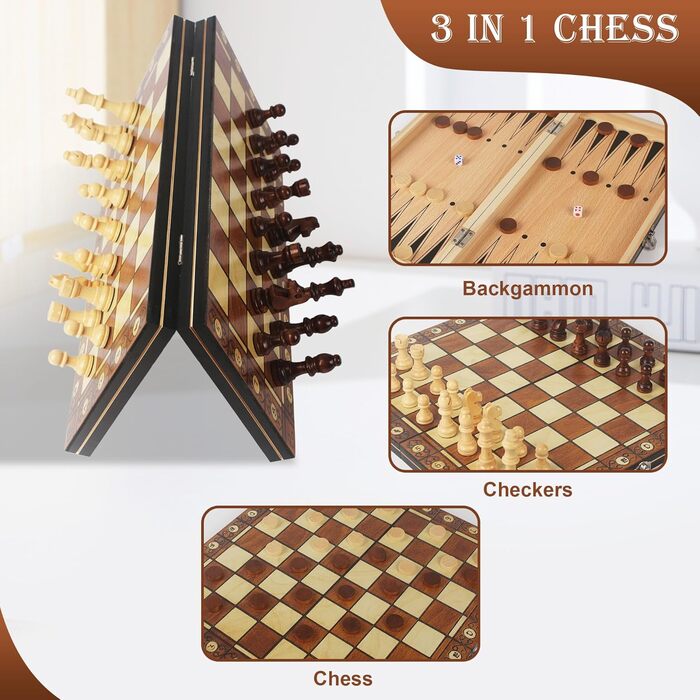 Набір для гри в шахи 3-в-1, дерев'яний, магнітний, 34 x 34 см. Шахи для дітей, для ігор, сімейних вечірок