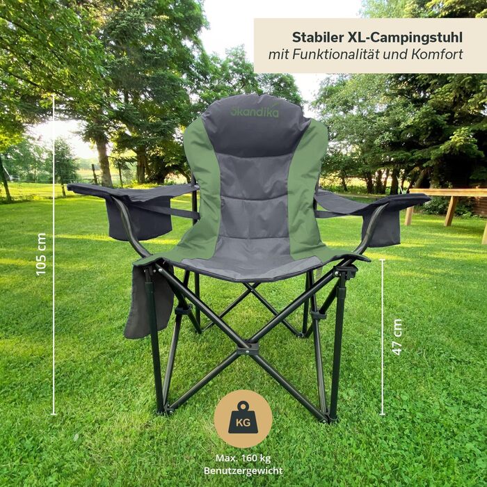 Сккандика Relax Comfort: Зручний складаний стілець для кемпінгу з підстаканником та охолоджувальним відділенням, до 160 кг, зелено-сірий