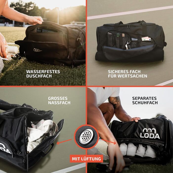 Спортивна сумка LODA Team (68L) з відділенням для взуття, мокрою одежею, функцією рюкзака та кишенею для цінних речей. Ідеальна для футболу, гандболу, тренувань та фітнесу. Сумка для спорту, подорожей та відпочинку.