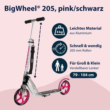 Самокат HUDORA BigWheel 205 алюмінієвий, складаний, для міста, для дітей і дорослих, регульована висота, до 100 кг