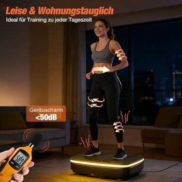 Вібраційна платформа DH FitLife для дому | Рюттельплатта з 0–99 рівнями та таймером | 9 автоматичних програм | Тиха вібраційна платформа з присосками | Підсвічування та Bluetooth-динамік | З ременями | Макс. 150 кг