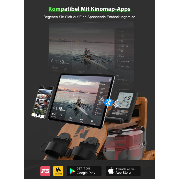 Гребний тренажер Neezee для дому, складаний, з масивного дерева, Bluetooth, підтримка планшета, до 200 кг, сумісний з Kinomap, коричневий