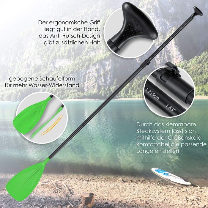 Весло KESSER 3-в-1 для каяка та SUP, алюмінієве, телескопічне 165-215 см, антиковзне, для сапборда, серфінгу, човна, зелене