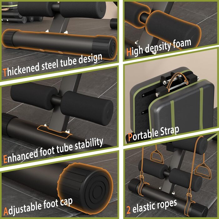 Регульована лава для тренажерного залу вдома, складана лава для занять спортом на 317,5 кг з 9 положеннями спинки, універсальна лава для жиму з можливістю нахилу та регулювання, з 2 еластичними стрічками