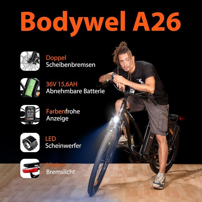 Електровелосипед Bodywel A26/A275 26/27,5 дюймів для жінок і чоловіків, 250Вт мотор Ananda, знімна батарея 36В 15,6А·год, до 100 км, LED-дисплей 4,5'', APP-керування