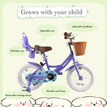 Дитячий велосипед RULLY Fruit для дівчаток 12/14/16 дюймів, 2-7 років, з додатковими колесами, кошиком та сидінням для ляльки, фіолетовий