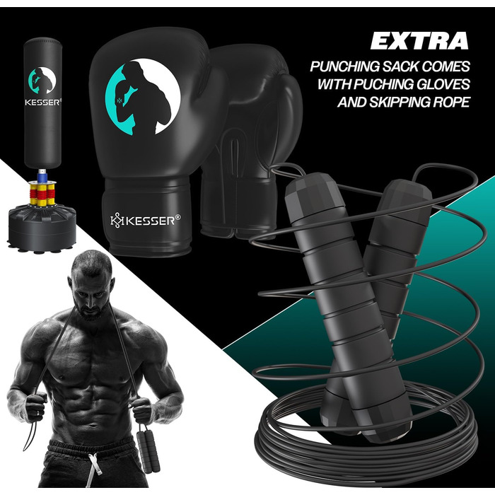 Набір для боксу KESSER® з боксерськими рукавичками, скакалкою, боксерським мішком та підлогою для тренувань. Чорний.