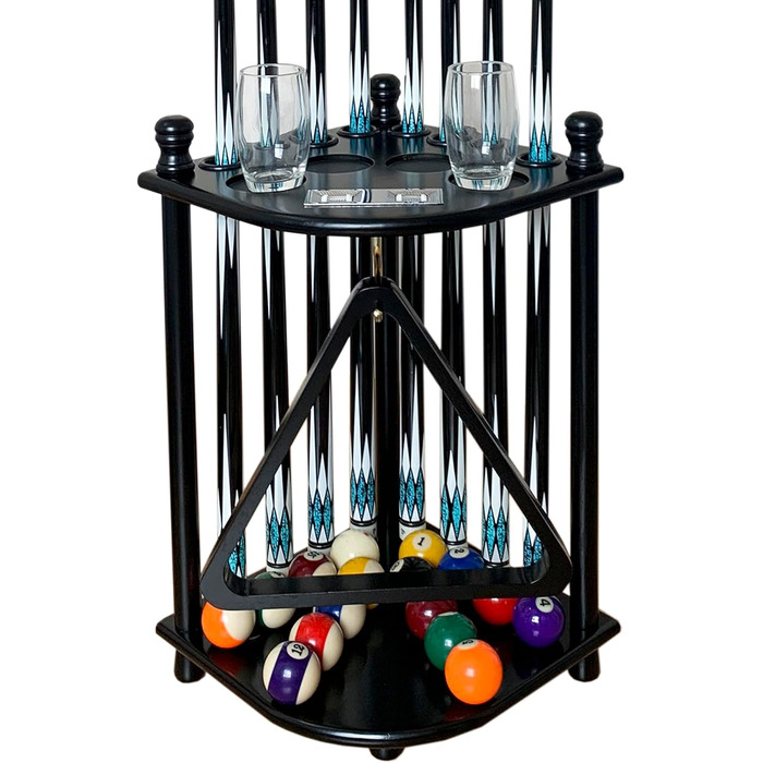 Підставка для київ для більярду на підлозі для 8 київ та аксесуарів, дерев'яна, кутова, з гачками та табло (чорний торс)