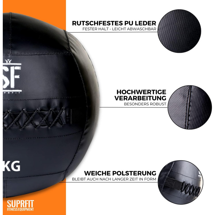М'яч для фітнесу SUPRFIT 15 кг – для крос-тренувань та функціонального тренування, з м'яким наповнювачем та неслизькою поверхнею з ПВХ