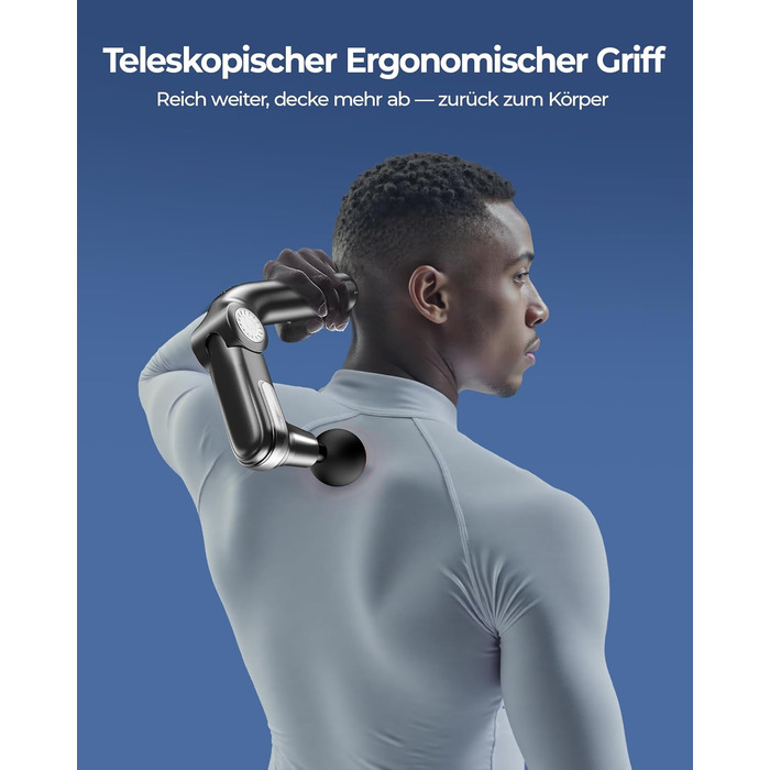 Масажер для тіла KingPavonini з висувним руків'ям та відкидним голівкою: масажна пістолета для спини з 3 кутами налаштування та 4 насадками, подарунок для чоловіків та жінок (сірий)