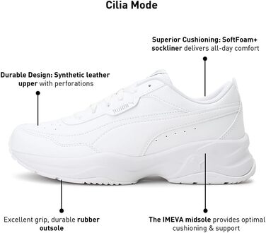 Жіночі кеди PUMA Cilia Mode White Silver — базові модні кросівки, білі зі сріблястими деталями, розмір 38 EU