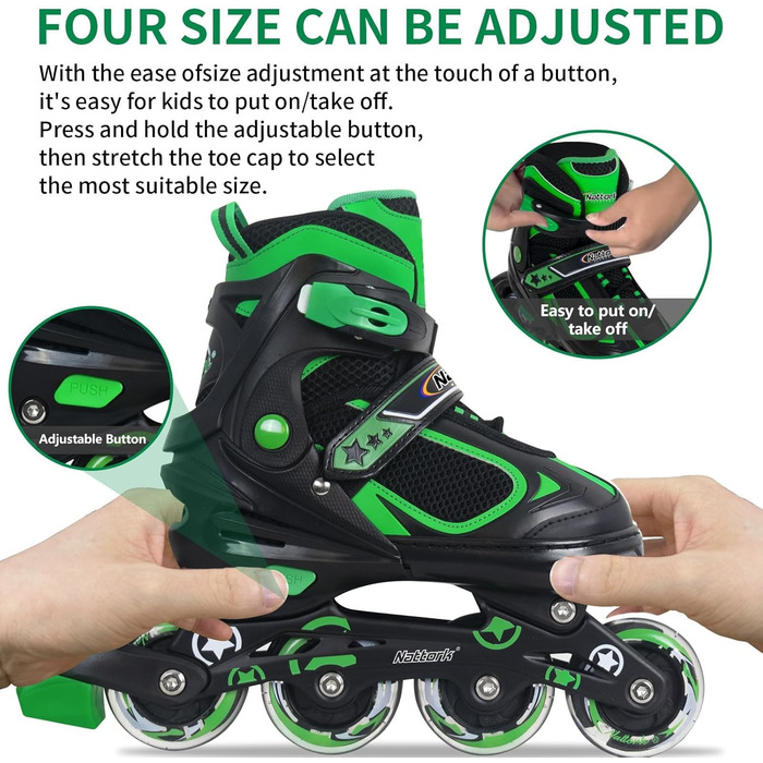 Ролики дитячі Nattork з підсвічуванням, ролики для катання на вулиці та в приміщенні (32-36), зелені