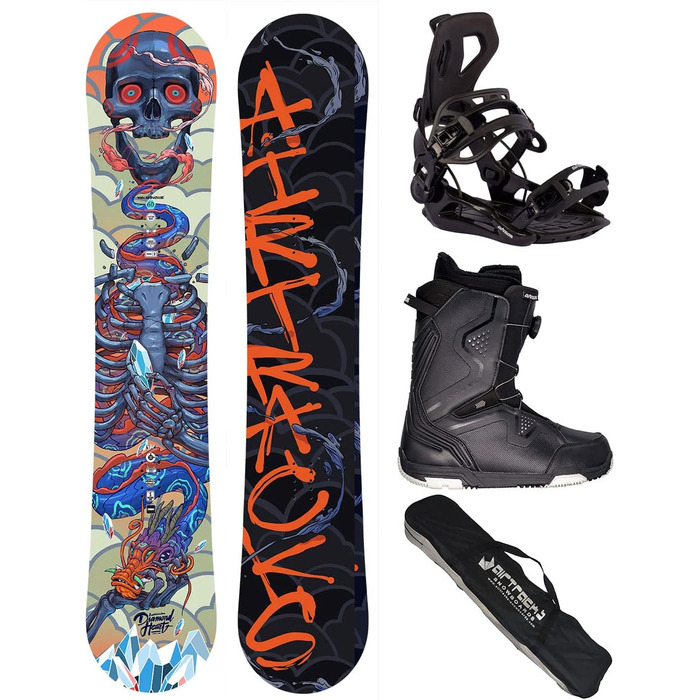 Чоловічий сноуборд-набір Airtracks Freeride Freestyle Diamond Heart Carbon Wide Hybrid Rocker 155 см + кріплення Master + черевики Strong Atop 43 + чохол