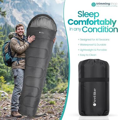 Спальний мішок Mumienschlafsack для дорослих - легкий, компактний, водонепроникний, з капюшоном, 220x85 см - теплий, пральний, для кемпінгу, піших прогулянок, подорожей (сірий)