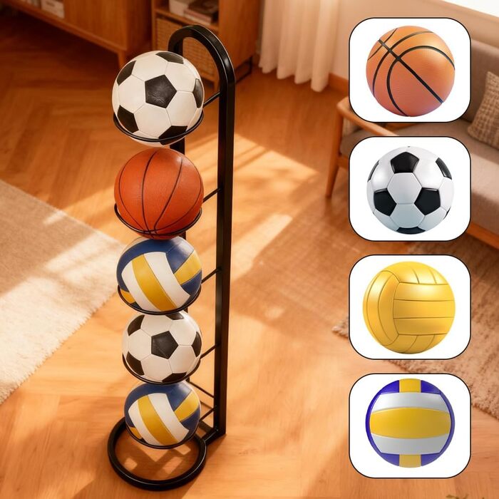 Стійка для м'ячів 5 ярусів, металева - органайзер для баскетболів та інших м'ячів (чорний)