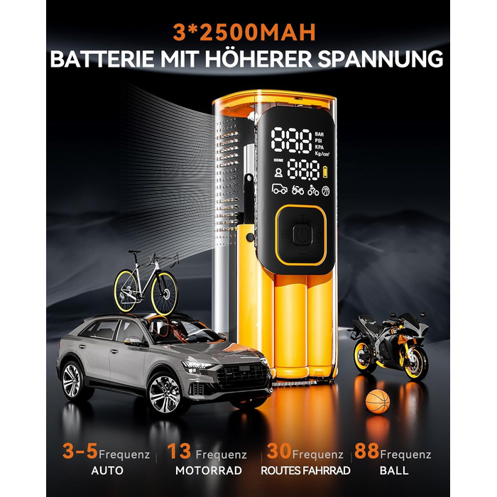 Електричний портативний компресор SUNPOW 7500mAh, 160 PSI для авто, велосипедів, з LCD дисплеєм, LED підсвіткою, Powerbank, 12V DC, автоматичне вимкнення