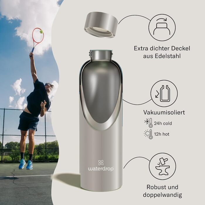 Термобутилка waterdrop® 600 мл із нержавіючої сталі, подвійні стінки, герметична, для газованої води, зберігає 24 год холод, 12 год тепло, колір таупе, матова