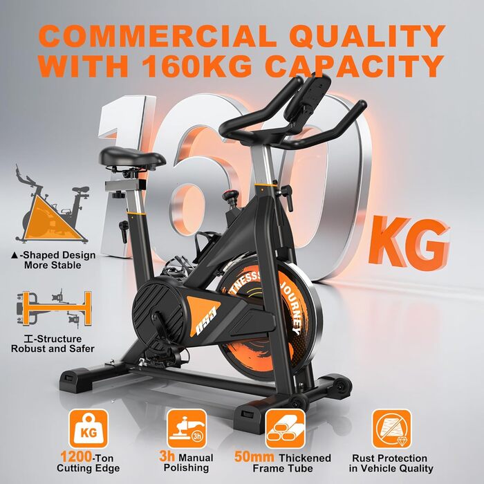 Велотренажер з Bluetooth: велотренажер з магнітним опором, фітнес-велосипед для дому з LCD-дисплеєм, вантажопідйомність 160 кг (Помаранчевий)