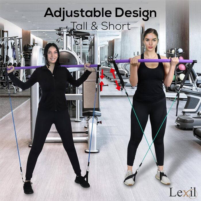 Портативний Pilates-бар LEXIL з 3 парами еспандерів (15, 20, 13,6 кг), фітнес-набір для дому, для чоловіків і жінок, для зміцнення тіла, з відеоуроком, фіолетовий