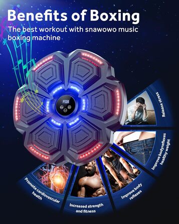 Музична бокс-машина Snawowo для дорослих і дітей з LED підсвіткою, Bluetooth, 9 режимами швидкості, електронний тренажер для боксу з музикою і лічильником ударів