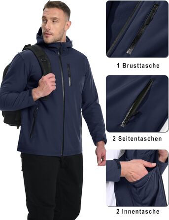 Чоловіча водонепроникна куртка TACVASEN Softshell з флісовою підкладкою, вітрозахисна та дихаюча похідна куртка з капюшоном для роботи та їзди на велосипеді, темно-синя, розмір L