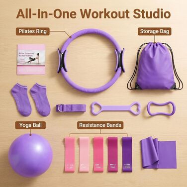 Набір для пілатесу та йоги для жінок-початківців Home Pilates & Yoga Starter Kit: м'яч для гімнастики 22.9 см, еластичні стрічки, кільце для пілатесу, ремені на щиколотки, фіолетовий