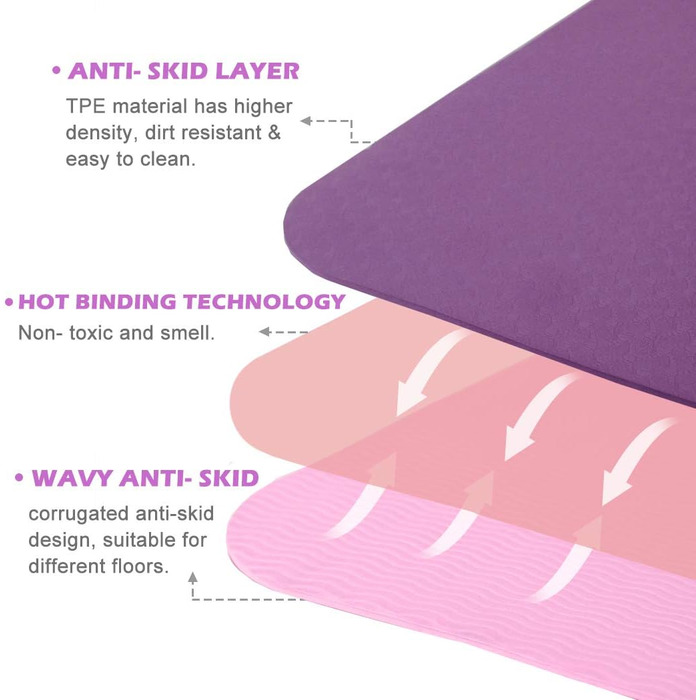 Килимок для йоги Marjar з неслизьким покриттям, фітнес-килимок для занять гімнастикою та йогою, TPE, з ручкою для перенесення, 183x61x0.6/0.8/1 см, фіолетовий & рожевий