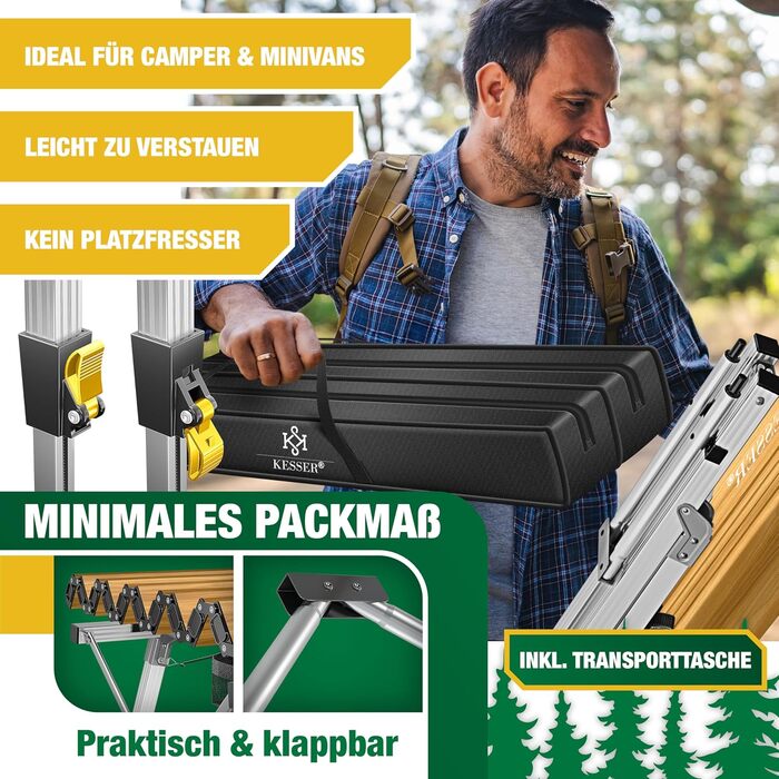Складаний туристичний стіл KESSER® з алюмінієвим каркасом, регулювання висоти 120x70 см, до 100 кг, з сумкою та сітчастою кишенею, імітація дерева