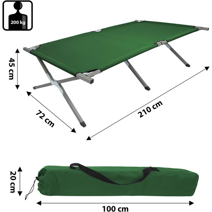 Розкладне ліжко BB Sport XXL для кемпінгу, 210x72x45 см, сталевий каркас, міцна тканина Oxford 600D, до 200 кг, з сумкою
